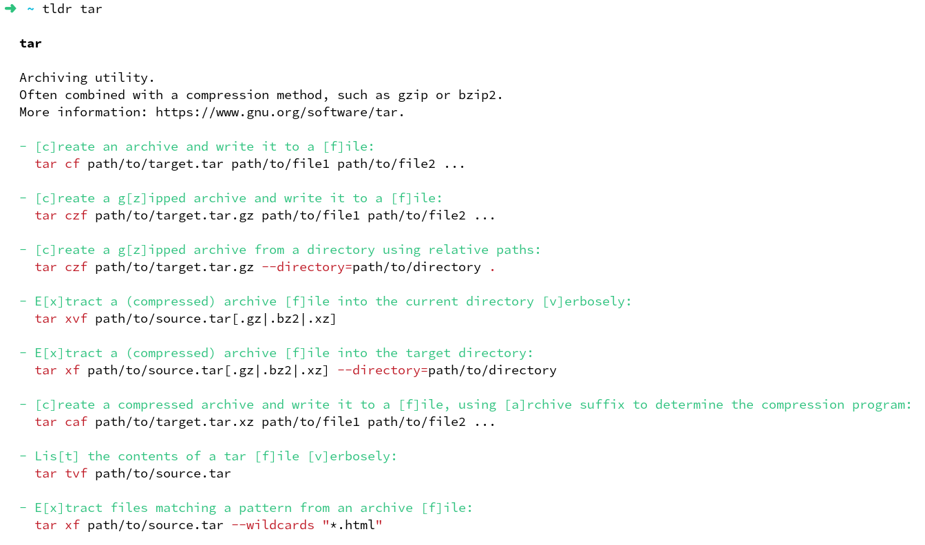 Screenshot of the tldr client displaying the tar command in light mode.