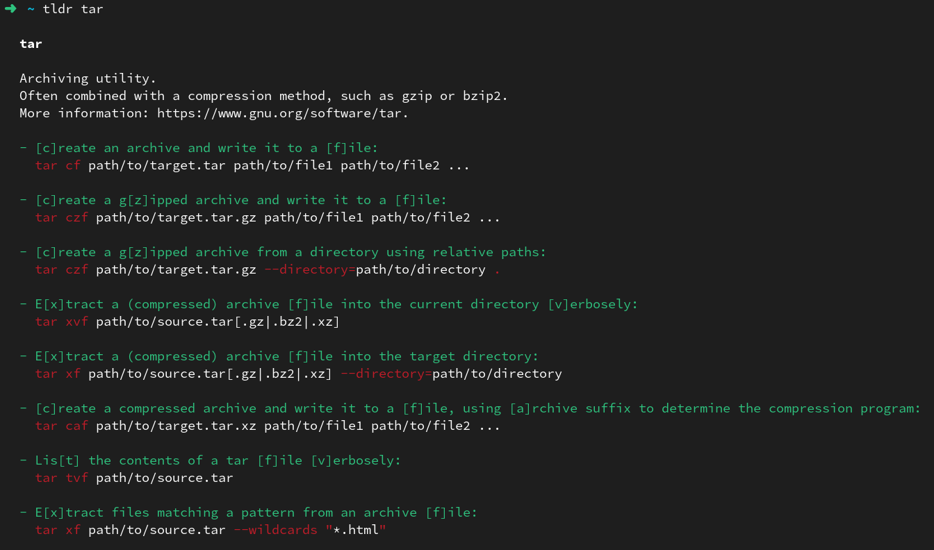 Screenshot of the tldr client displaying the tar command in dark mode.